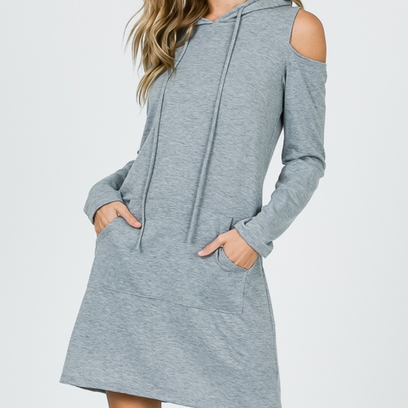 Grey French Terry cold shoulder dress w/ hoodie - Picture 2 of 8